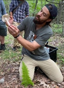 Man holding up medium sized white mushroom
